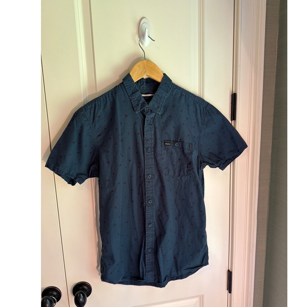 RVCA Mens Slim Fit Short Sleeve Button Down Shirt Navy Print Small
